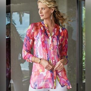 Soft Surroundings Sheer Multicolor Summer Festival Tunic Button Down Size PM